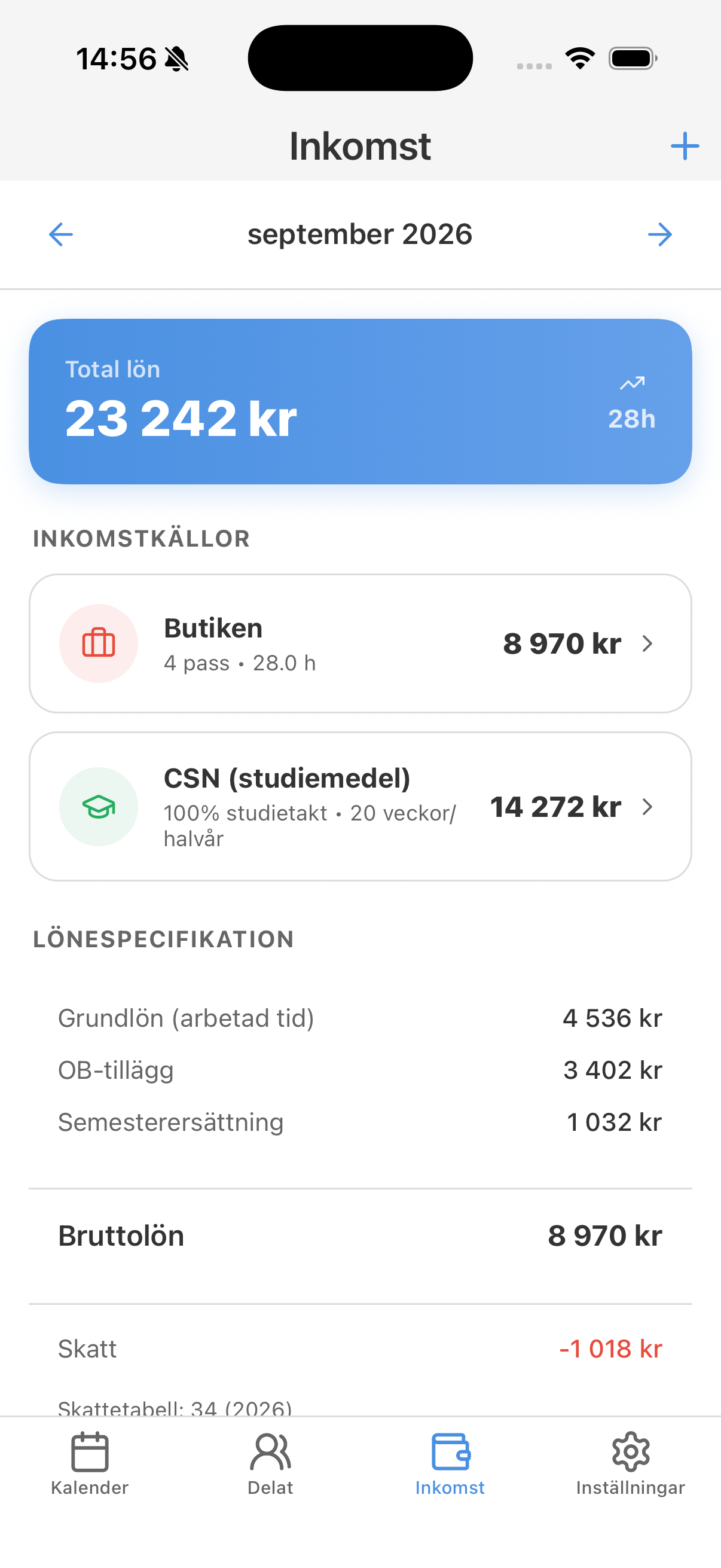 Skärmbild från Lönesmart som visar Inkomstsidan med total lön, inkomstkällor och lönespecifikation