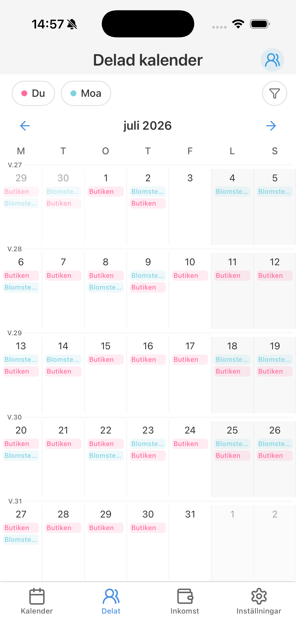 Skärmbild från Lönesmart som visar delad kalender med pass från flera personer